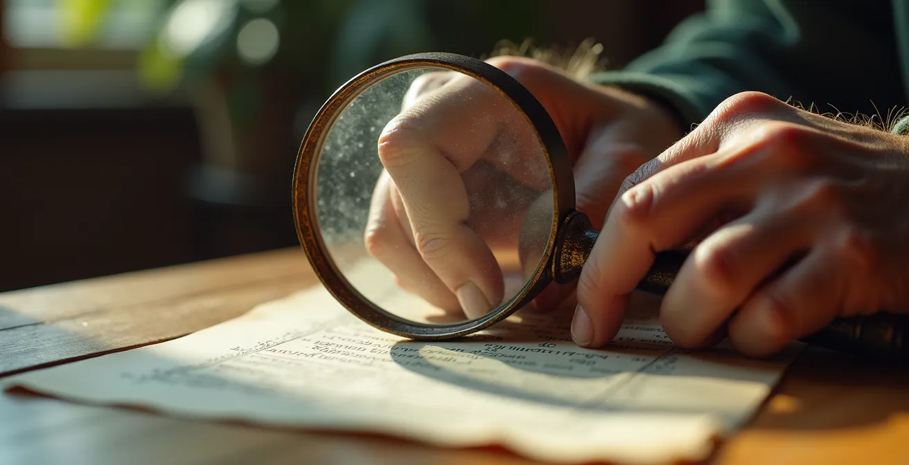 Mains d'une personne âgée examinant attentivement un document avec une loupe