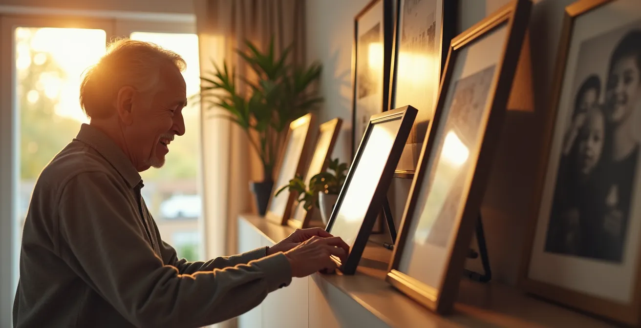 Personne âgée arrangeant avec soin ses objets personnels dans son nouvel appartement