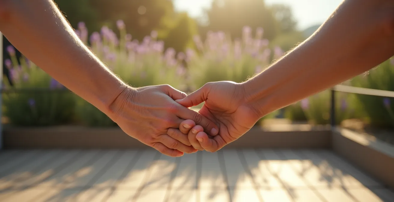Terrasse ensoleillée avec senior pratiquant des étirements doux