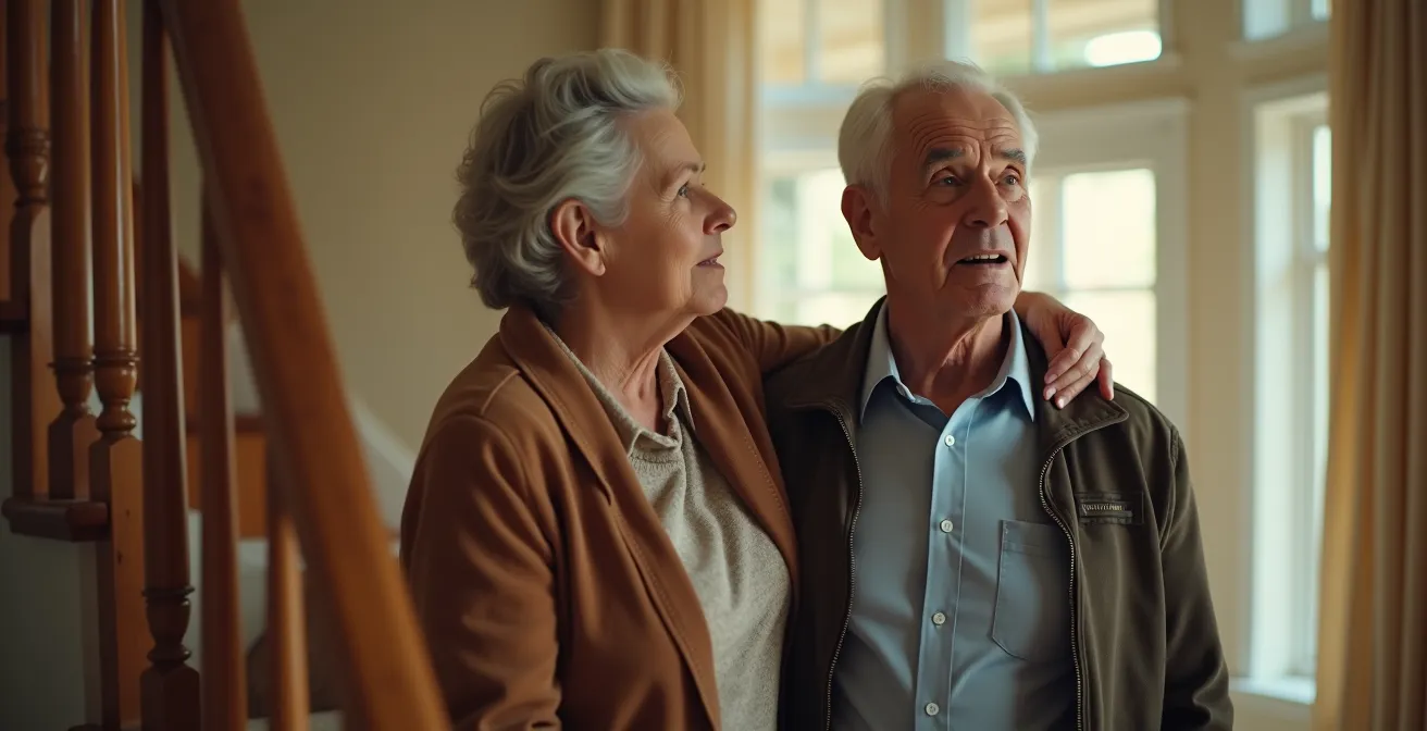 Couple de seniors contemplant leur escalier depuis le bas, lumière douce du matin