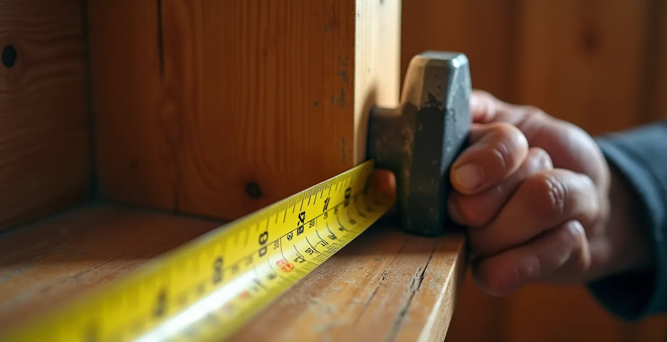 Main tenant un mètre ruban mesurant l'espace d'un escalier