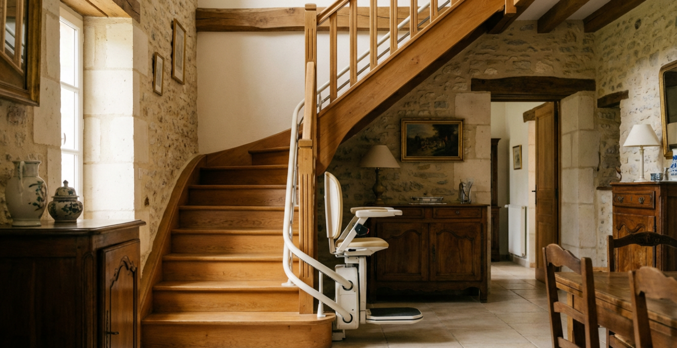 Escalier traditionnel équipé d'un monte-escalier discret pour prévention des chutes