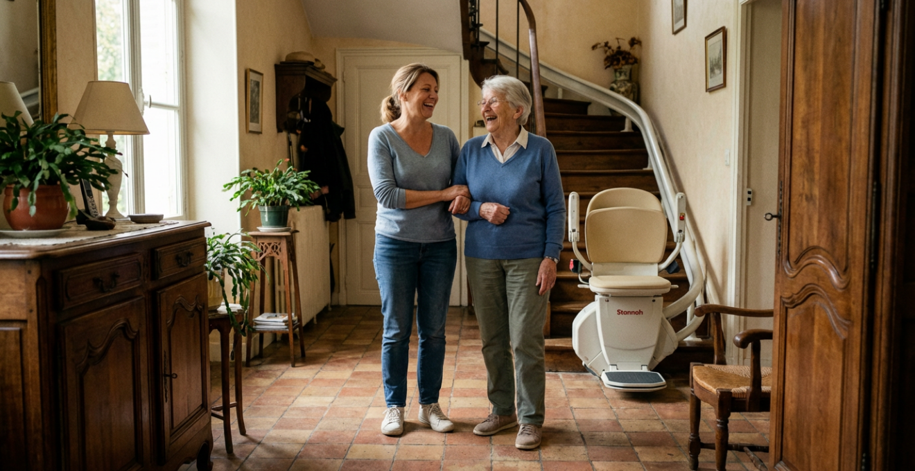 Famille discutant du maintien à domicile près d'un escalier équipé