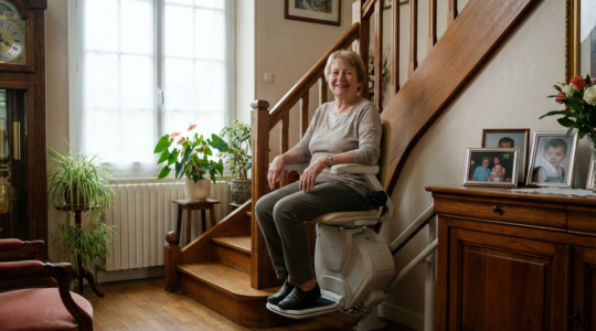 Femme senior utilisant un monte-escalier dans une maison chaleureuse